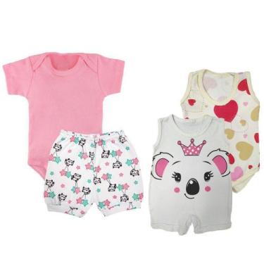 Imagem de Kit Bebê 4 Peças Body Curto Macacão e Shorts Estampado Verão - Koala B