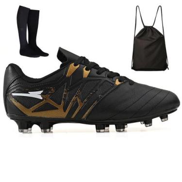 Imagem de Kit Chuteira Futebol Campo Bico de Couro Gramado Natural Trava + Mochi