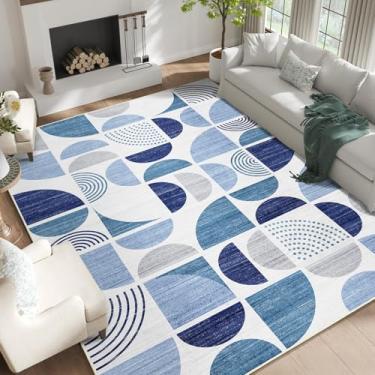 Imagem de MUJOO Tapetes laváveis 22 x 30 cm, tapetes azuis para sala de estar, quarto, sala de jantar, tapete boho antiderrapante, macio, moderno, abstrato, azul marinho