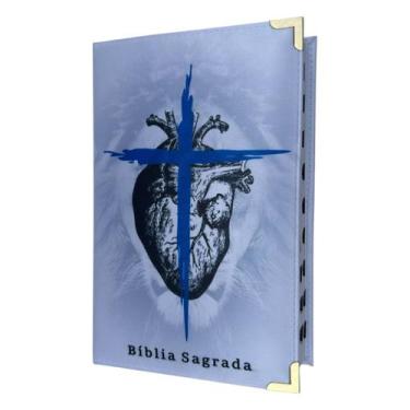 Imagem de Biblia NVI Coração de Leão cruz azul Capa dura Acolchoada com indice -