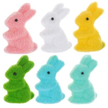Imagem de Amosfun 6 peças de coelhinhos flocados em miniatura de cor pastel, mini felpudos, coelhinhos da Páscoa, estatuetas, jardim de fadas, animal, cobertura de musgo, topo de bolo para primavera A
