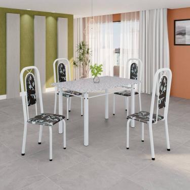 Imagem de Conjunto de Mesa Tubular 120cm X 75cm Tampo Granito Ocre com 4 Cadeiras Lara Floral Preto / Branco