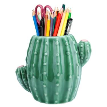 Imagem de Simaixing Porta-canetas de cerâmica de cacto fofo, copos de lápis para porta-lápis de mesa, suporte para acessórios de mesa, decoração de escritório, organizador de pincéis de maquiagem de cacto
