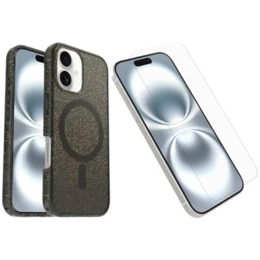 Imagem de OtterBox iPhone 16 (apenas) - Pacote: Capa Symmetry+ Clear Series - Stardust Night (Silverflake/Trans Black) - Protetor de tela de vidro premium - Encaixa-se ao MagSafe - Bordas elevadas protegem a