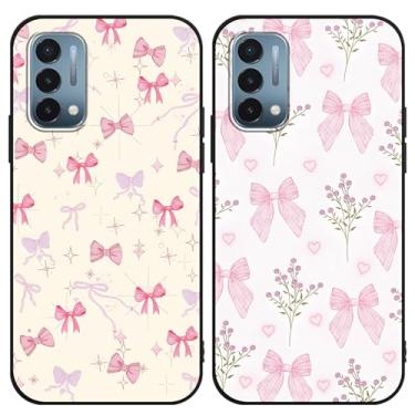 Imagem de Zrutru Pacote com 2 capas de telefone com laço rosa para Oneplus Nord N200 5G 16.5 cm, desenho animado fofo kawaii fita laço floral padrão floral design estético, capa protetora de TPU preto para