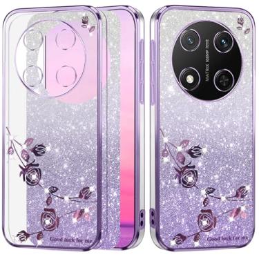 Imagem de Yarxiawin Capa de telefone para Honor Magic 7 Lite Slim Aesthetic, efeito glitter para Honor Magic 7 Lite capa transparente silicone macio Shockpooof capa rosa floral para mulheres (roxo)
