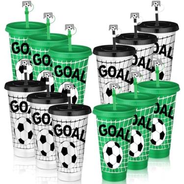 Imagem de Domensi 12 peças copo de plástico de futebol com tampa e canudo 680 g copos de plástico reutilizáveis com tampas de palha presentes para fã amigo convidado aniversário escritório esporte festa