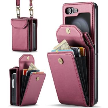 Imagem de Para Samsung Flip5 Capa de proteção contra quedas com slot para cartão para Samsung Galaxy Z Flip 5 Flip5 Zflip5 Capa de couro para telefone, vermelha, para Samsung Z Flip 5