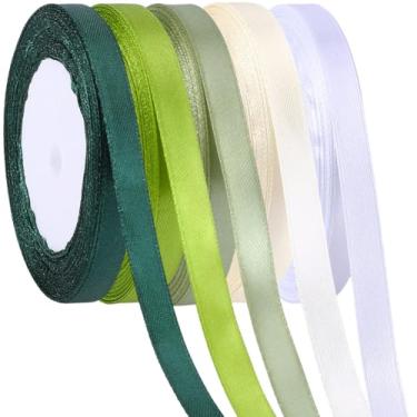 Imagem de CRASPIRE 5 rolos de fita de cetim verde sálvia 120 m tecido fino de poliéster macio flexível reutilizável cores sortidas para embrulho de presente DIY casamento chá de panela decoração buquê de flores