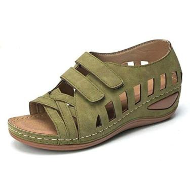 Imagem de Bigfanshu Sandálias femininas de verão 2020 com plataforma de couro macio gladiador sapatos de salto alto, Verde, 8.5 Wide