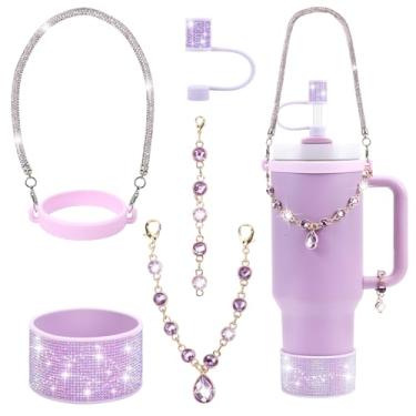 Imagem de 3tyto Conjunto de acessórios de copo Stanley com strass, capa de canudo brilhante de 1 cm, alça de garrafa de diamante, pingentes de glitter, bota de silicone brilhante 850 g/1,134 g (roxo, serve para