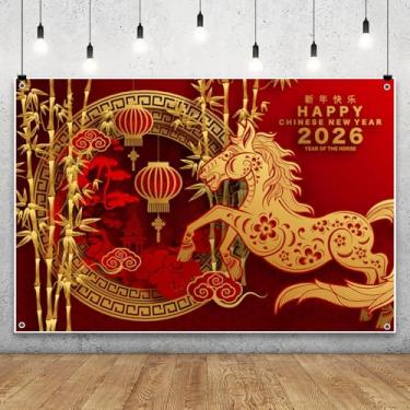 Imagem de 2,1 x 1,5 m Ano do Cavalo Cenário 2026 Ano Novo Chinês Ano Novo Chinês Fundo Fotográfico para Véspera de Ano Novo Family Yard Outdoor Party Banner Decoração