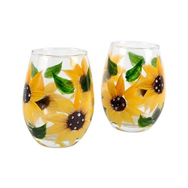 Imagem de Market Street Gallery - Hand-Painted Sunflower Stemless Wine Glass Set - Rustic Country Farmhouse Decor - Kitchen Gift, Set of 2
