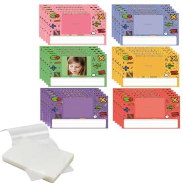 Imagem de Etiquetas de nome de mesa de fotos infantis para sala de aula, etiquetas coloridas com espaço para fotos para estudantes, 15 x 9,9 cm, papel plástico laminado térmico transparente, 16 x 11 cm, 60