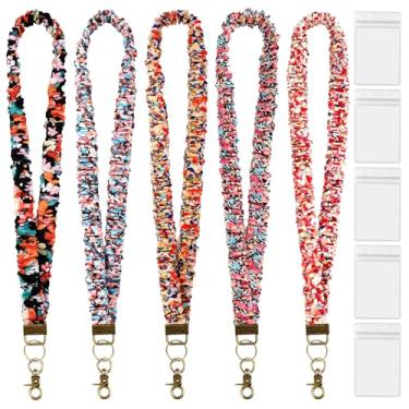 Imagem de 5 cordões elásticos elásticos para crachás de identificação, chaves com 5 porta-cartões transparentes, chaveiro retrátil de pescoço fofo com clipe para professores, enfermeiros, escola, escritório
