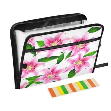 Imagem de CEBUGI Pasta expansível de 13 bolsos, impermeável, sanfonada, organizador de arquivos com etiquetas tamanho A4, organizador de documentos de papel para escola, escritório, lírios, flores
