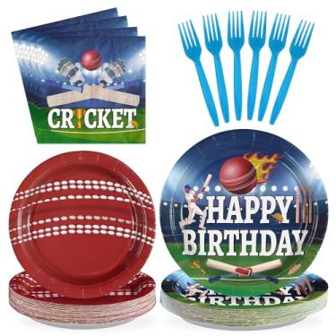 Imagem de Greencian 96 peças de decoração de festa de aniversário de críquete com tema esportivo pratos e guardanapos de papel descartável de críquete azul vermelho para adultos, crianças, meninos, meninas