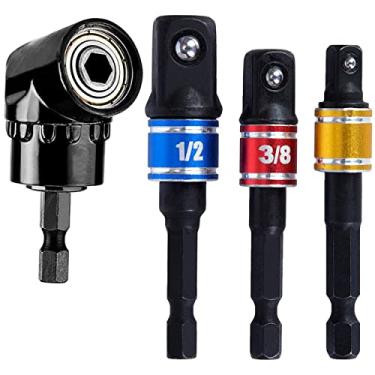 Imagem de Conjunto de adaptador de 4 peças para brocas elétricas, 3 peças de 1/4 3/8 1/2" conjunto de brocas de haste sextavada + conjunto de chaves de fenda de ângulo reto de 105 graus adaptador de soquete de broca hexagonal