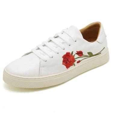 Imagem de Tenis Casual Feminino Couro Detalhe Flores Forrado Cano Curto Com Cadarço Esportivo Cam...