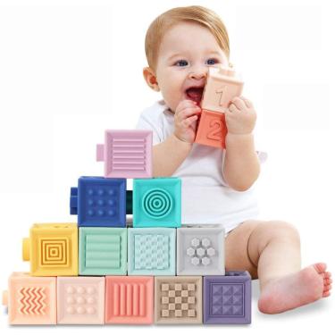 Imagem de Blocos de bebê blocos de construção macias brinquedos dentes brinquedos jogo de aperto educacional com números Animais Formas texturas 6 meses e até 1