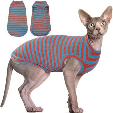 Imagem de BRKURLEG Camiseta de gatos sem pelos, listras, camisetas para gatinhos, sem mangas, gola redonda, de algodão, colete para gatos Cornish Rex Devon Rex Peterbald e suéter para cães pequenos (listras