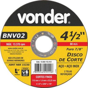Imagem de Disco De Corte 115,0x1,0x22,23 2 Telas Para Aço Carbono E In - Vonder