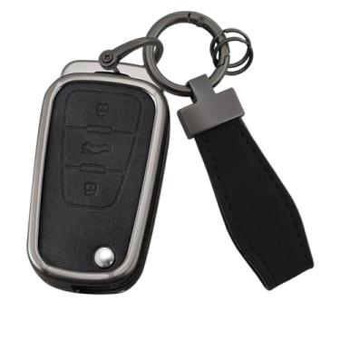 Imagem de HIBEYO Capa de chaveiro compatível com MG7 MG GT GS 350 360 750 W5 Acessórios de couro e liga de zinco compatíveis com Roewe MG5 Smart Remote Key Case Holder Cover-A Type Black