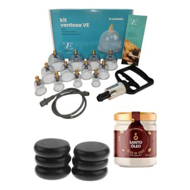 Imagem de Kit Ventosas com 12 Copos + Pedras Quentes de Basalto + Óleo para Massagem - Terapia Relaxante e Revitalizante