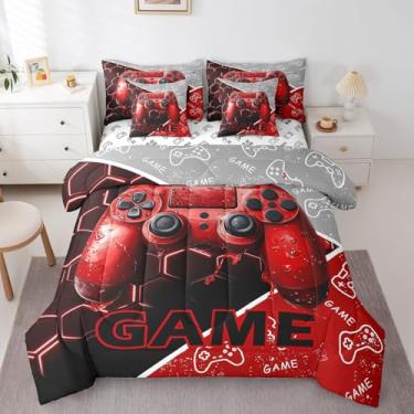 Imagem de Conjunto de edredom infantil, 7 peças, tamanho Queen, gamepad 3D, jogos, esportes, presentes para jogadores, jogo de cama reversível, hexágono, hexágono, vermelho, geométrico, patchwork, edredom e