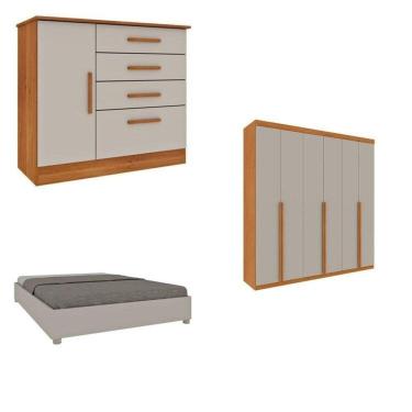 Imagem de Quarto Casal Completo Guarda-Roupa Milano, Cama Mônaco e Cômoda Chicago Espresso Móveis Cinamomo/Off White
