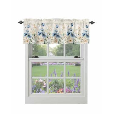 Imagem de Cortina sanfonada para janelas aquarela azul marrom flores haste bolso sanefa tratamentos flores silvestres vintage cortinas curtas para cozinha janelas sala de estar quarto decoração 106,66 x 30,5 cm