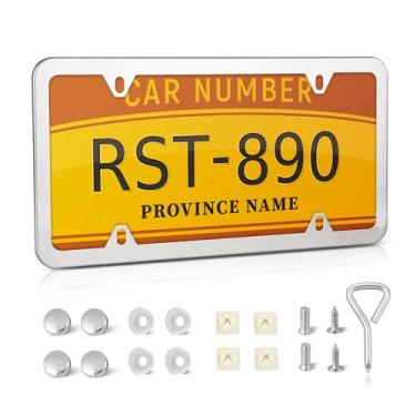 Imagem de RED WOLF Moldura de placa de carro de aço inoxidável suporte dianteiro traseiro espelho de metal polido prata etiqueta capa de etiqueta 12x6 polegadas ajuste universal carro caminhão van SUV com parafusos cromados porcas de inserção de nylon, 1 peça