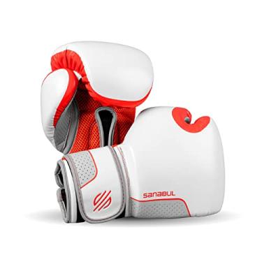 Imagem de Sanabul Luvas de boxe Hyperstrike para mulheres, luvas de kickboxing MMA Muay Thai, saco pesado de treinamento Sparring Punching, vermelho/branco 340 g