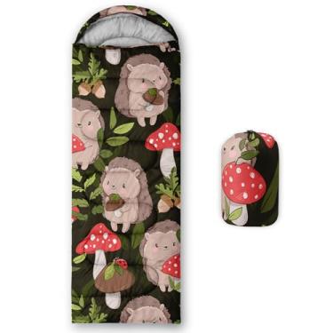 Imagem de QOOMO Sacos de dormir bonitos cogumelos ouriços à prova d'água para adultos e crianças, sacos de dormir impressos para acampamento, clima quente e frio, viagens e ao ar livre, equipamentos de