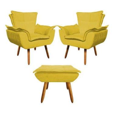 Imagem de Kit 2 Poltrona+puff Opala Sala De Estar Suede Amarelo - King Lar
