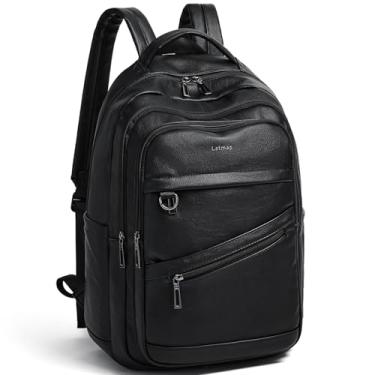 Imagem de LATMAP Mochila feminina de 43 litros: mochila de couro vegano serve para laptop de 17 polegadas, moderna, bolsa de viagem para computador para trabalho casual, Preto