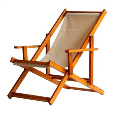 Imagem de Espreguiçadeira em Madeira Maciça para Piscina, Praia – Com Braço, Dobrável, Acabamento Envernizado (Bege)