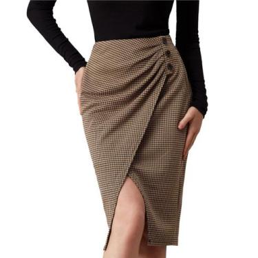 Imagem de Saia midi GRACE KARIN franzida, cintura alta, xadrez, xadrez, XL