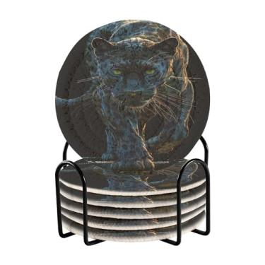 Imagem de Qilmy Conjunto de 6 peças de porta-copos de pantera negra feroz ou porta-copos de bar para bebidas, porta-copos de fazenda ou porta-copos de mesa rústicos, porta-copos modernos de algodão para o
