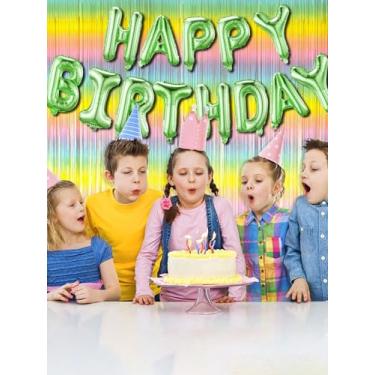 Imagem de Conjunto de decorações de feliz aniversário – Cortina de alumínio e faixa Happy Birthday, centro de mesa com tema colorido de favo de mel (100 cm x 192 cm), decoração de mesa para artigos de festa de