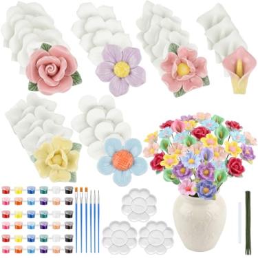 Imagem de RattanView Conjunto de 24 kits 3D DIY de cerâmica para pintura de flores pronto para pintar suas próprias estatuetas de flores cerâmica sem pintura estátuas de pintura de primavera artesanato para