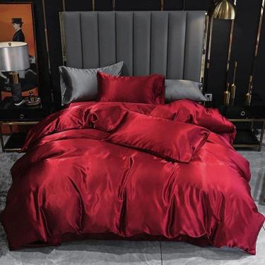 Imagem de Jogo De Cama Casal King Cetim Toque De Seda 7 Peças Vermelho