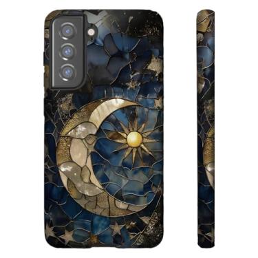 Imagem de ZHUXUXITT Capa para Samsung Galaxy S25 Ultra, design de vidro celestial de sol e lua, capa de telefone de policarbonato rígido de TPU macio de camada dupla para homens e mulheres