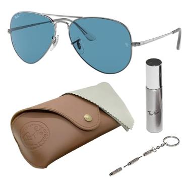 Imagem de Ray-Ban Óculos de sol RB3689 Aviator Metal II em forma de piloto para homens e mulheres com kit oficial RAYBAN Eyewear, Armação de bronze polido | Lente azul polarizada, 58 mm