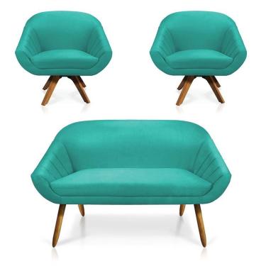 Imagem de Kit 01 Namoradeira 2 Lugares 2 Poltronas Giratória Giovana Suede Madeira Mm30 D'rossi Azul Turquesa