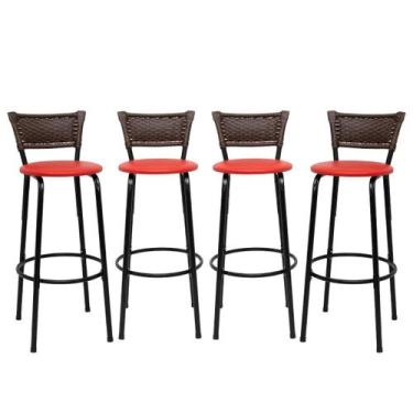 Imagem de Kit 4 Banco Banqueta Alta Encosto Junco Argila Aço Bar Balcão Gourmet 
