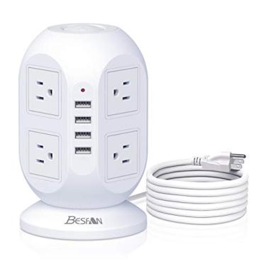 Imagem de Tira de linha protetora contra surtos de torre, cabo de extensão BESFAN de 3,5 m com várias tomadas, protetor contra surtos 1050J, 8 tomadas, 4 portas USB, estação de carregamento para casa, material