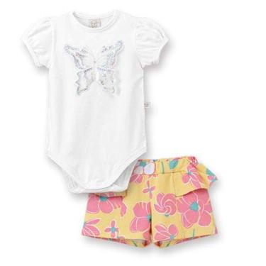 Imagem de Conjunto Body manga curta balonê com short Pingo Lelê Borboleta Strass Amarelo
