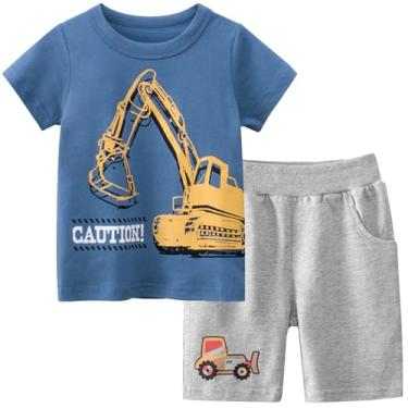 Imagem de Frogwill Conjunto de roupas de verão para meninos e crianças, de algodão, camiseta e shorts de manga curta 2-5 anos, Azul escavador, 6 Anos