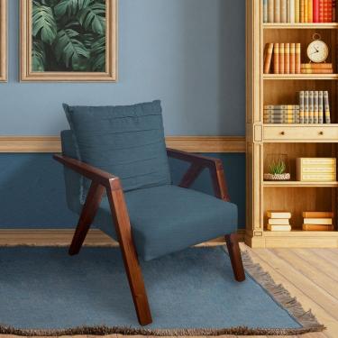 Imagem de Poltrona Monalisa Decorativa Mona Pés de Madeira Maciça Linho Azul 